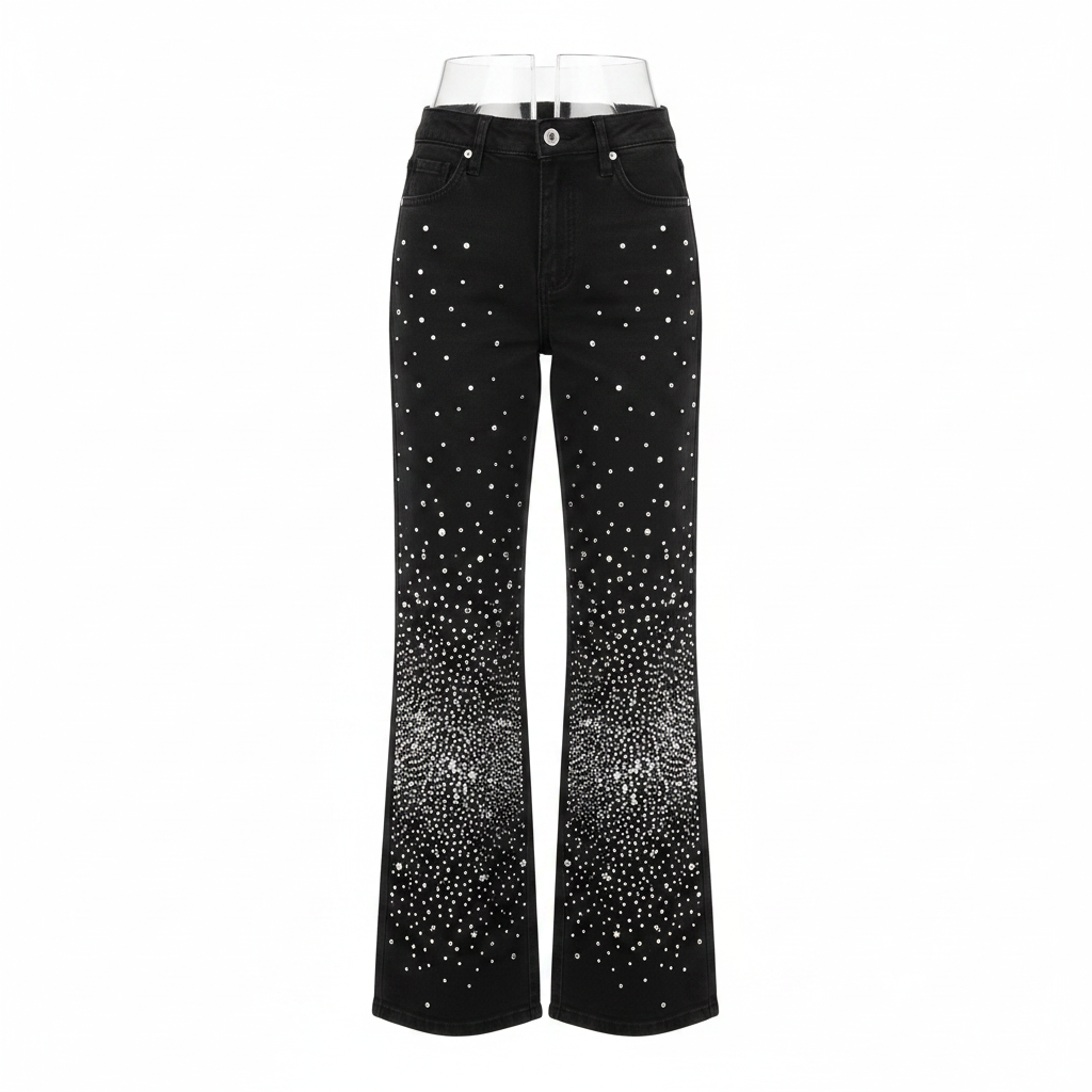 Black Rhinestone Wide-Leg Denim Jeans - Ghost Mannequin Front