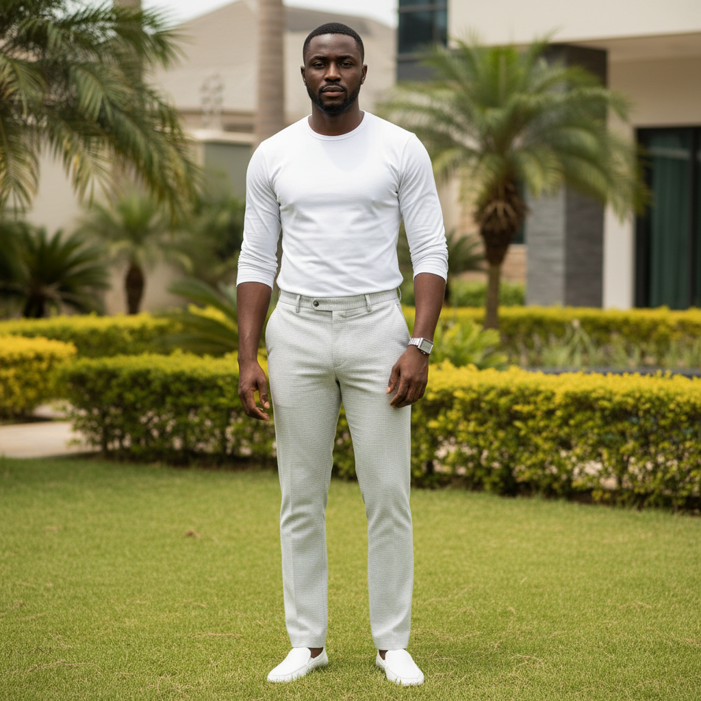 Nigerian male model wearing white grey textured trousers in outdoor setting