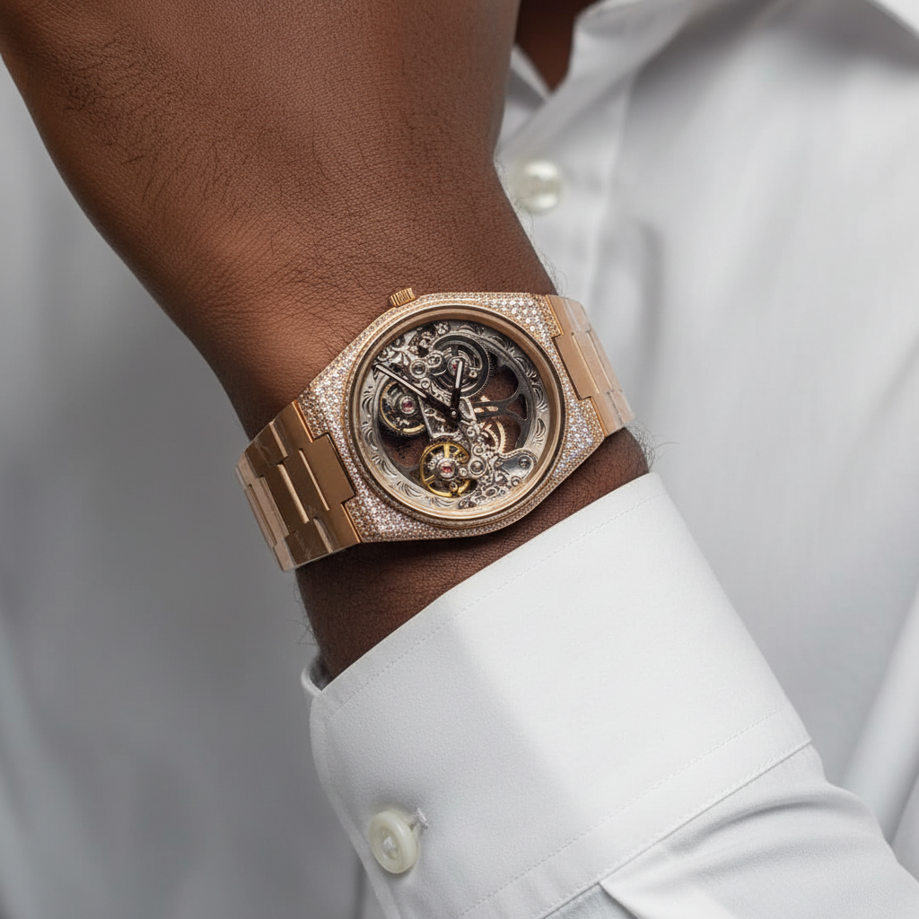 Nigerian male model wrist shot — full rose gold iced-out diamond skeleton watch