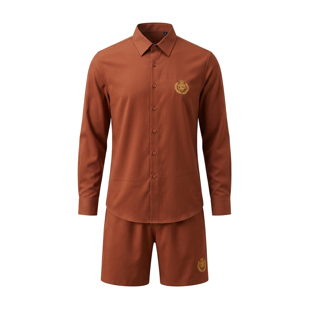 Rust crest-detail long-sleeve shirt and shorts set on white background