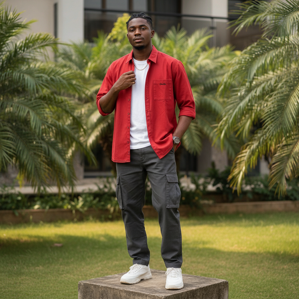 Nigerian male model wearing men's red embroidered logo contrast stitch long-sleeve shirt streetwear style