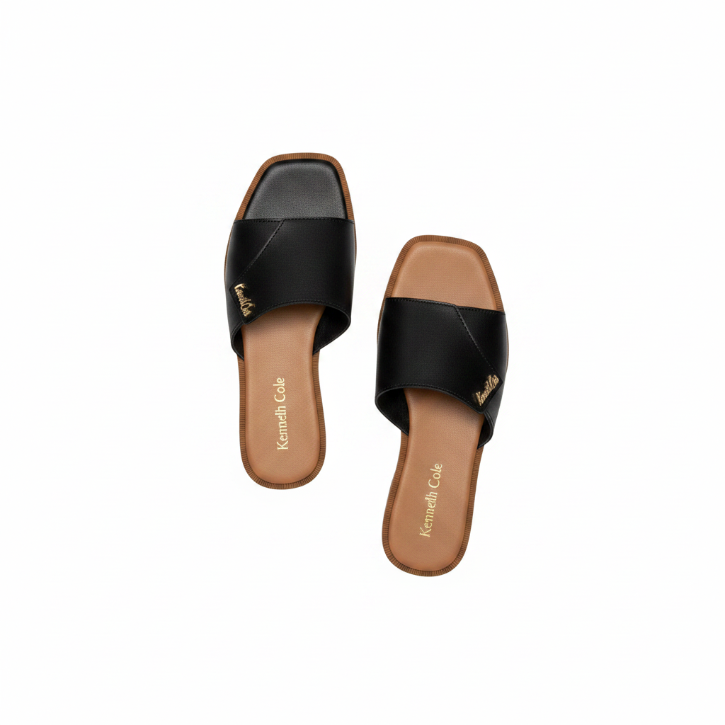 Ghost mannequin pair view of black leather wide strap pointed toe flat slide mules
