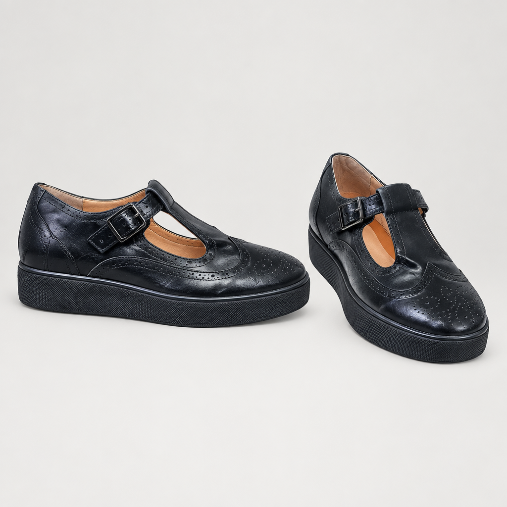 Men's black perforated T-strap shoes with buckle and dark soles