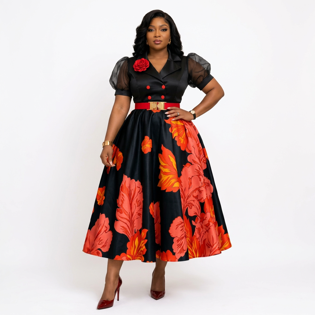 Black adult model wearing a black and red leaf-print puff-sleeve midi gown