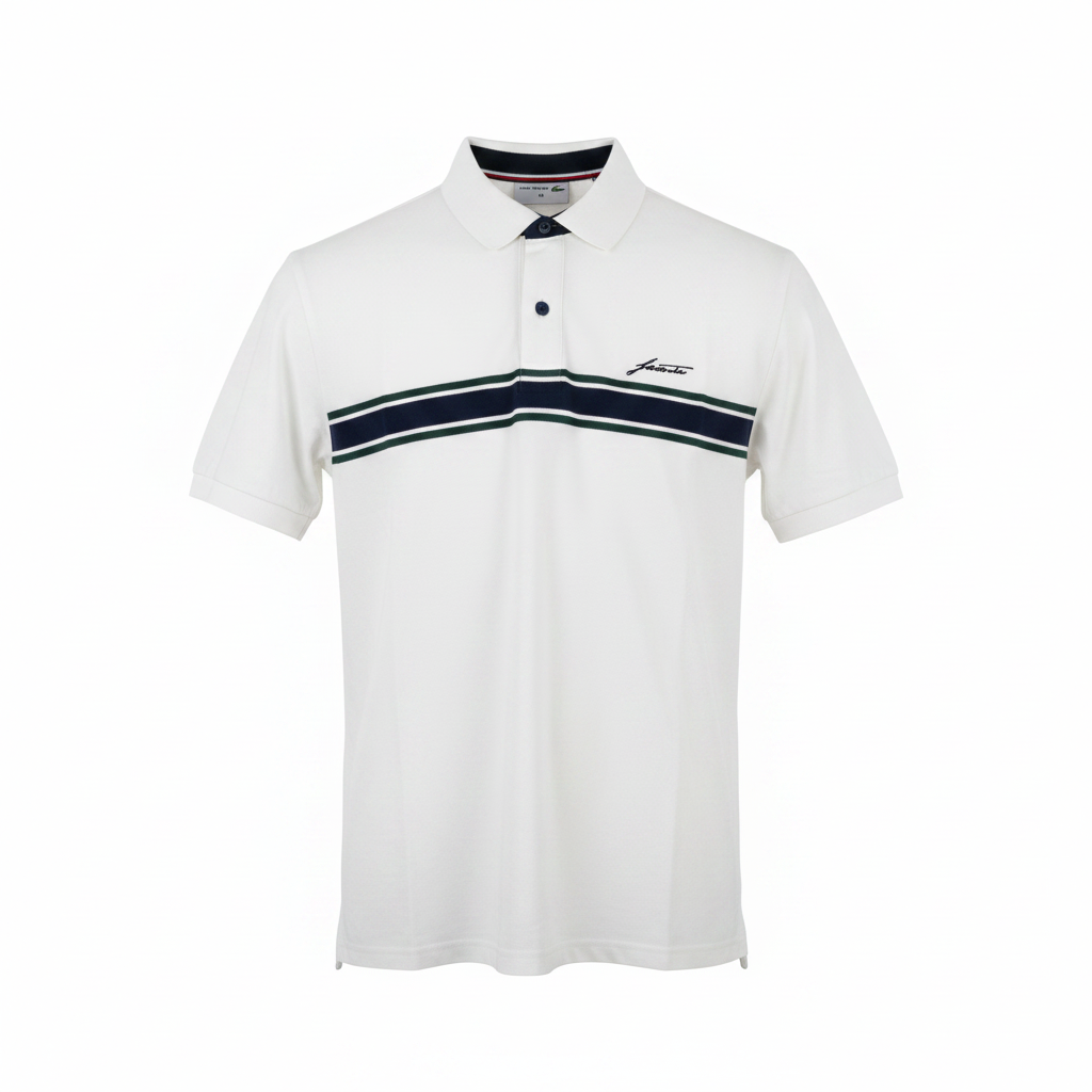 Men's white polo shirt with navy chest stripe, ghost mannequin front view