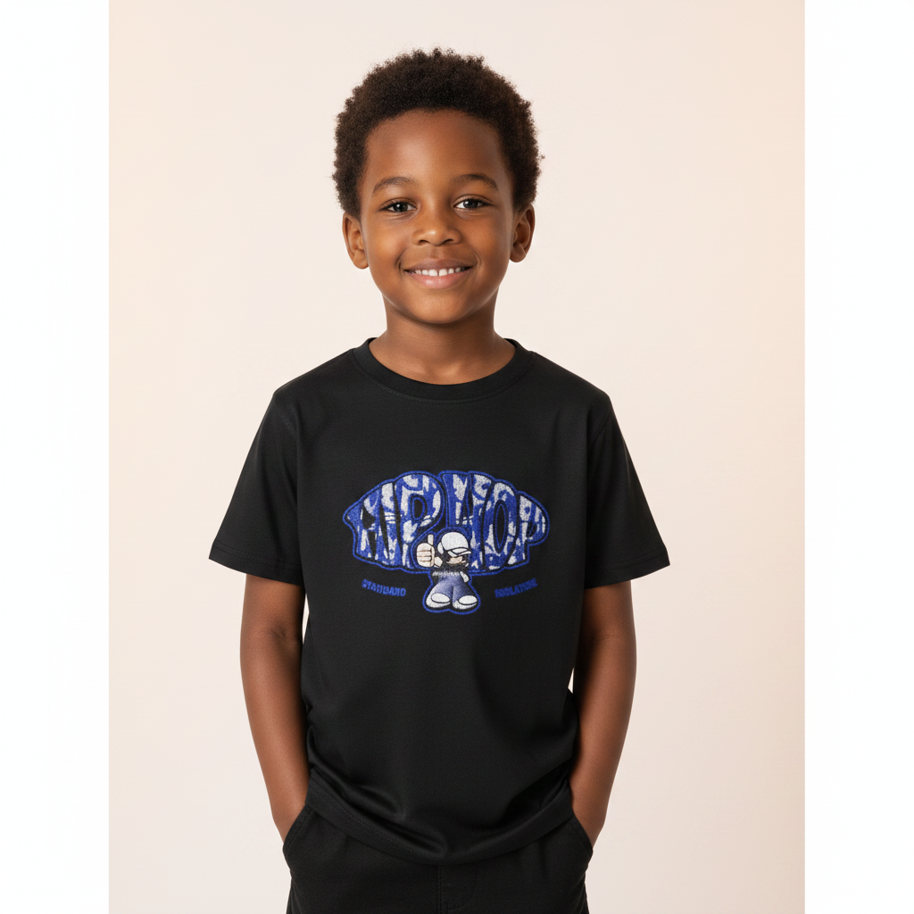 Nigerian boy model wearing Kids Hip Hop Graphic Tee