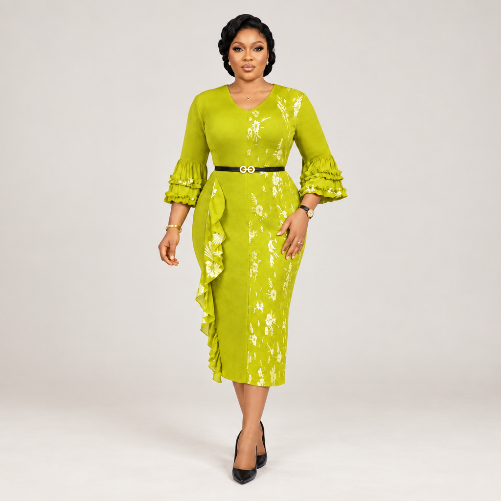 Black Nigerian model wearing a lime green floral midi gown with ruffle sleeves and a belted waist