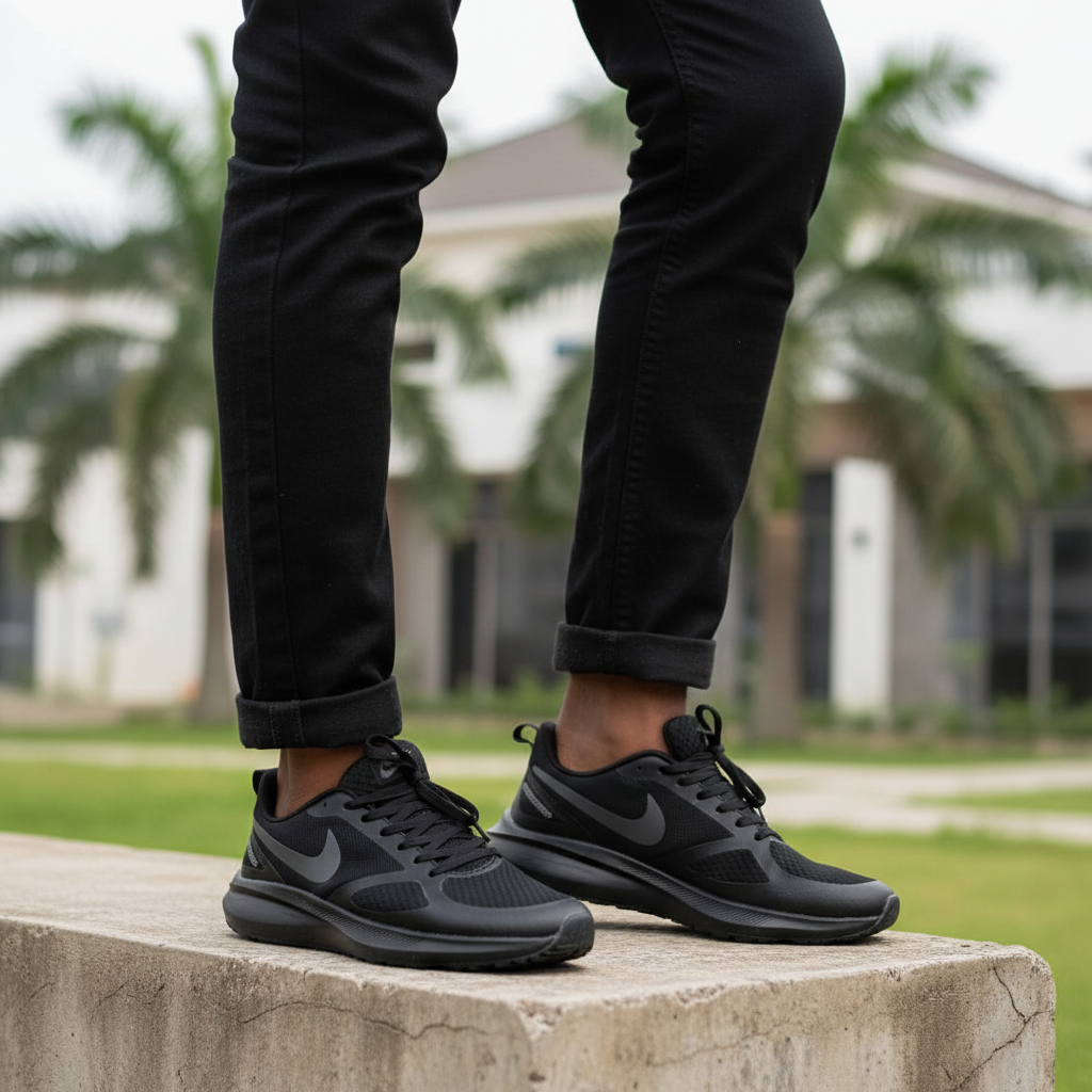 Nigerian male model leg focus wearing all-black low-top sneakers