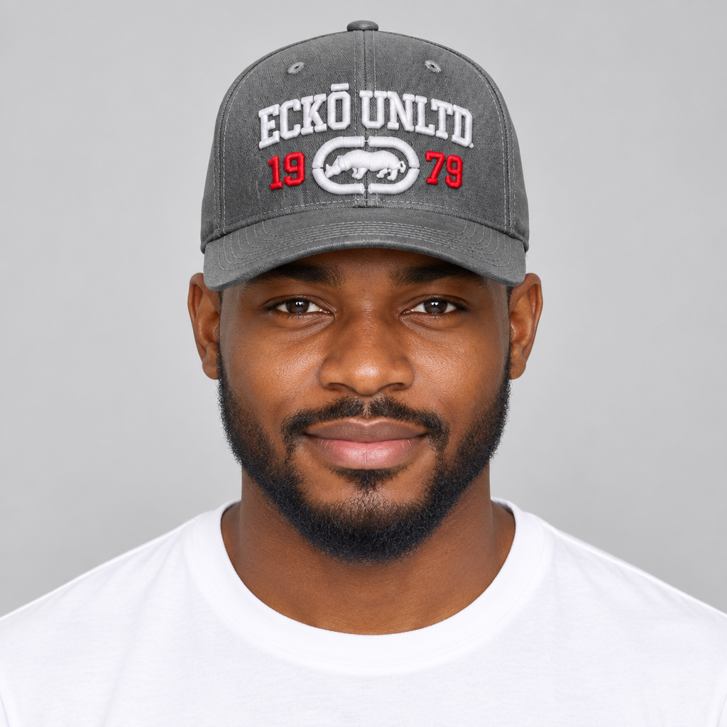 Model wearing unisex charcoal grey embroidered baseball cap