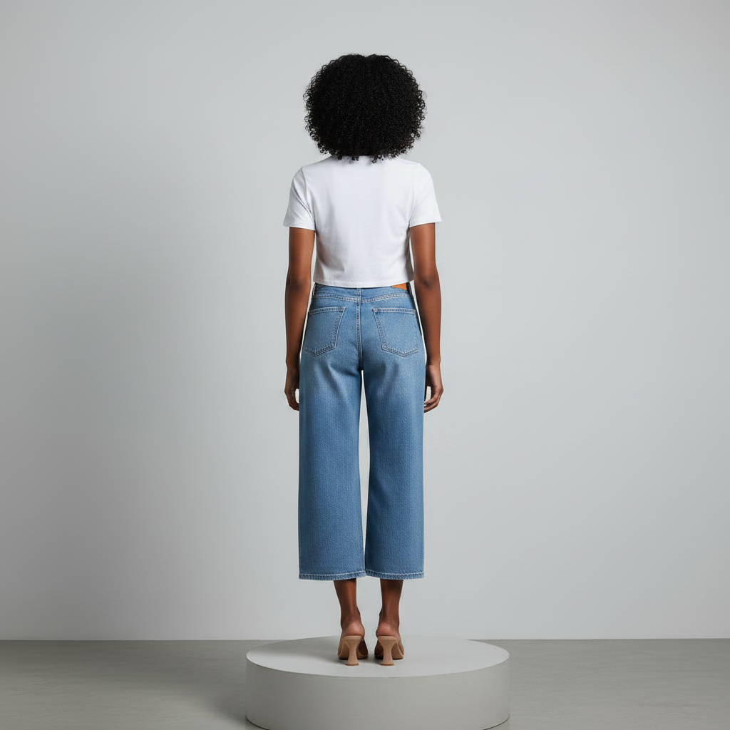 Light Blue High-Waist Wide-Leg Culotte Jeans – Model Back
