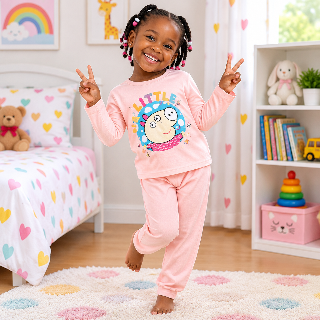 Peach Cartoon Monster 2-in-1 Children's Pyjama Set – Model Shot