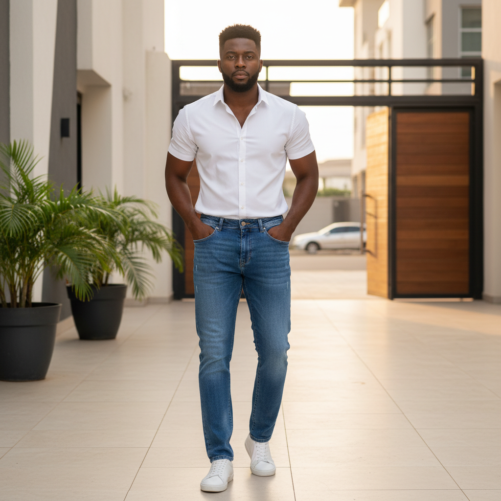 Nigerian model wearing blue distressed straight-leg jeans - front view