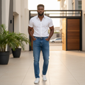 Nigerian model wearing blue distressed straight-leg jeans - front view