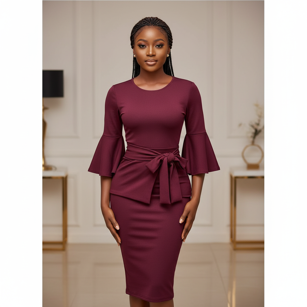Burgundy Bell-Sleeve Bow-Knot Bodycon Midi Dress – Model Shot