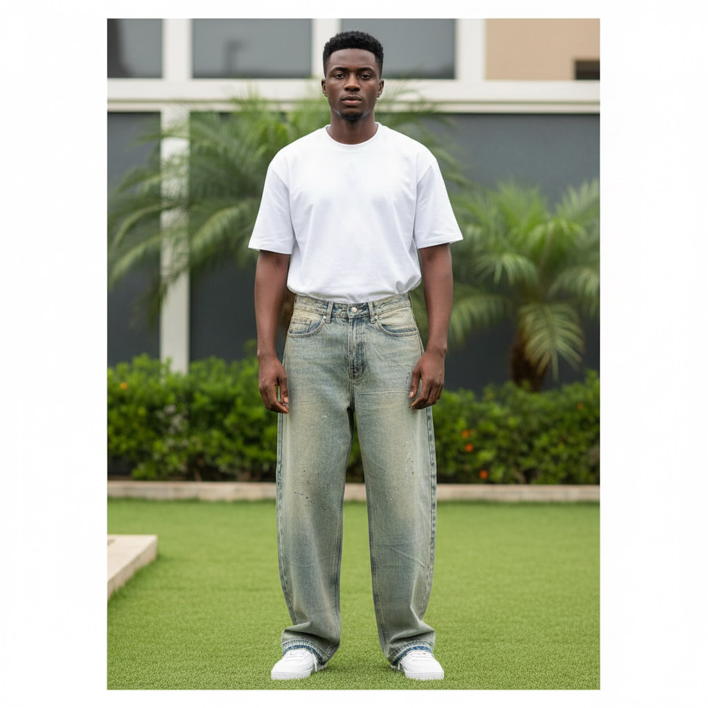 Nigerian male model wearing Men's Light Blue Vintage Wash Baggy Denim Jeans Paint Splatter Detail
