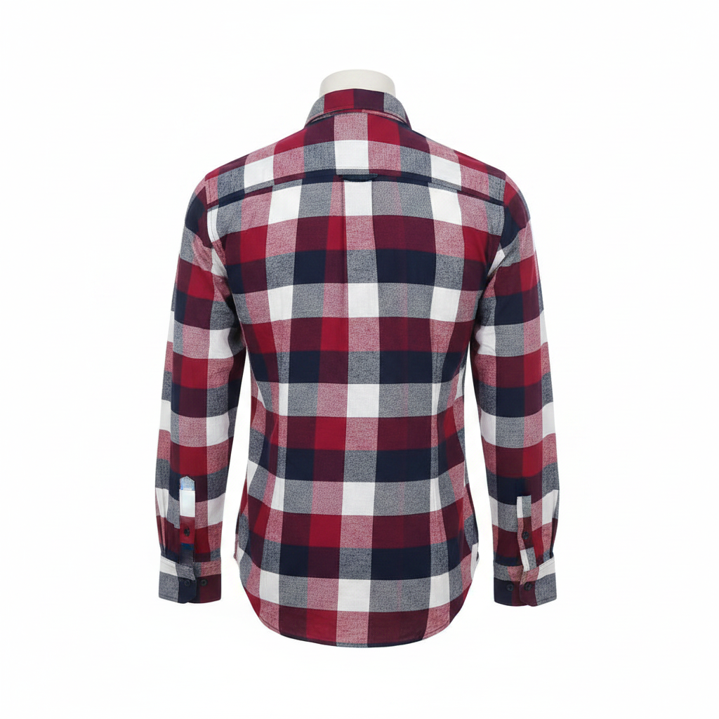 Ghost mannequin back view of red navy grey check long-sleeved shirt