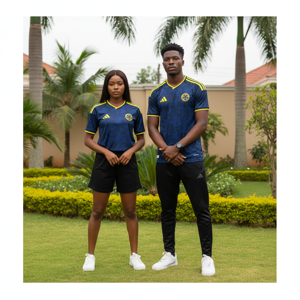 Nigerian female and male models wearing navy blue and yellow V-neck football jersey with football crest badge
