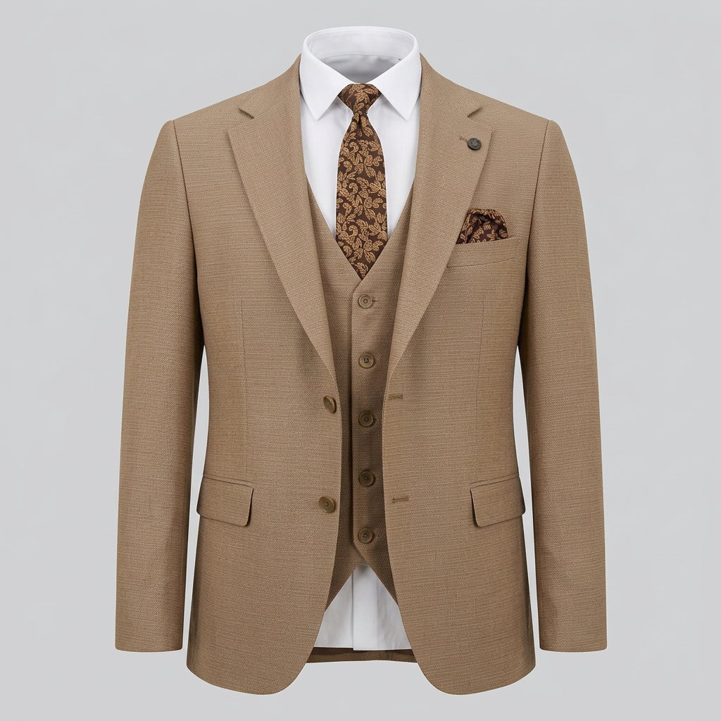 Tan textured suit jacket and waistcoat in ghost mannequin styling