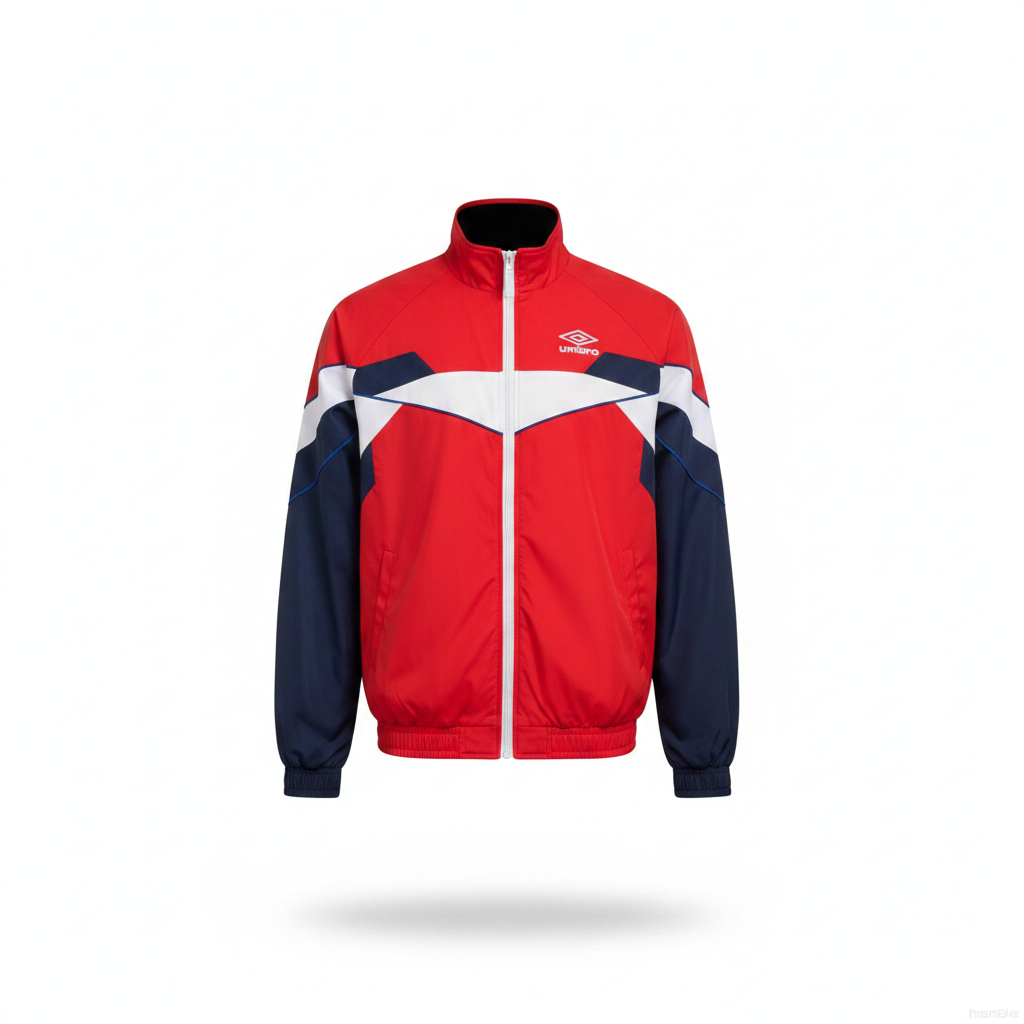 Ghost mannequin view of the red and navy colourblock track jacket