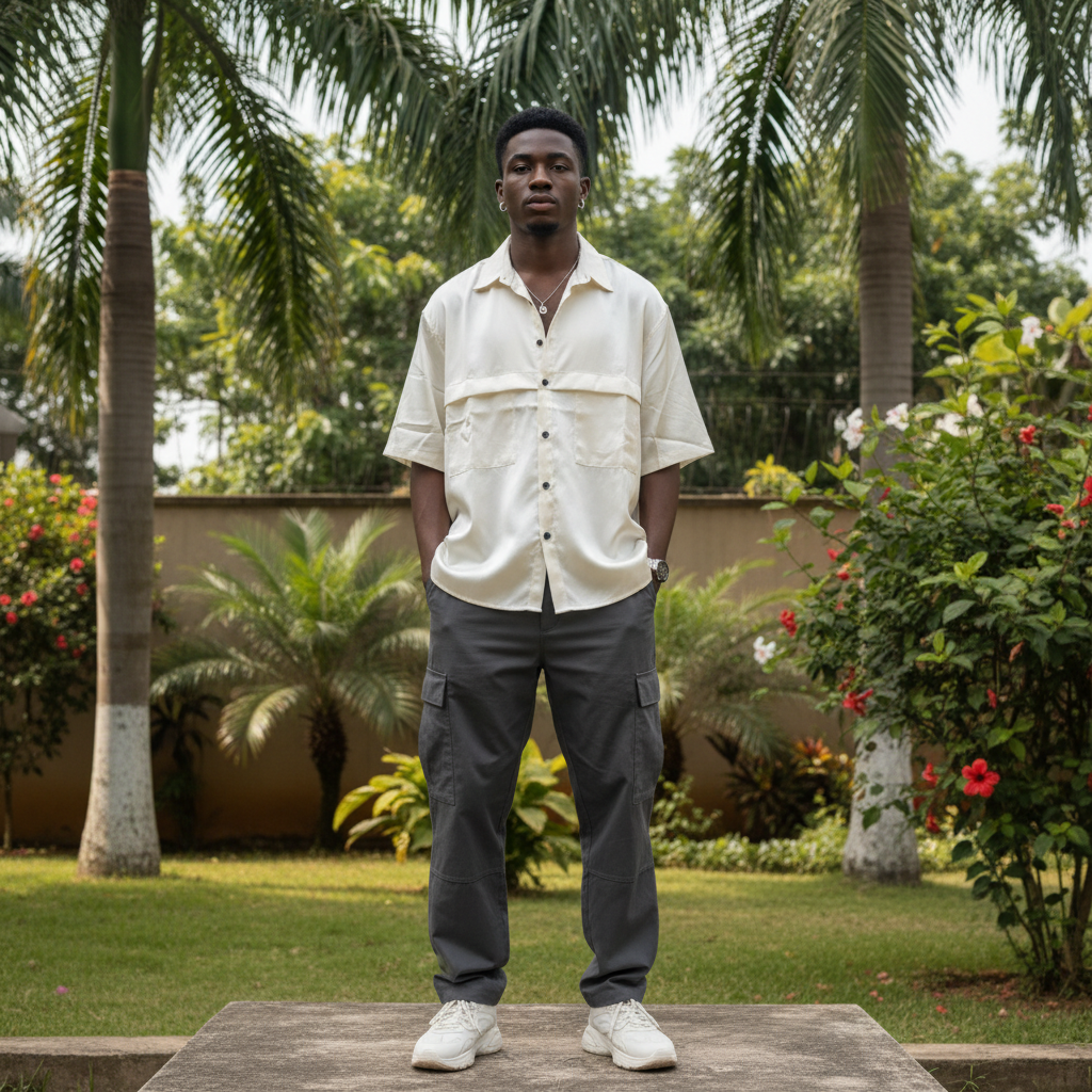 Nigerian male model wearing cream white satin utility shirt — full body street style