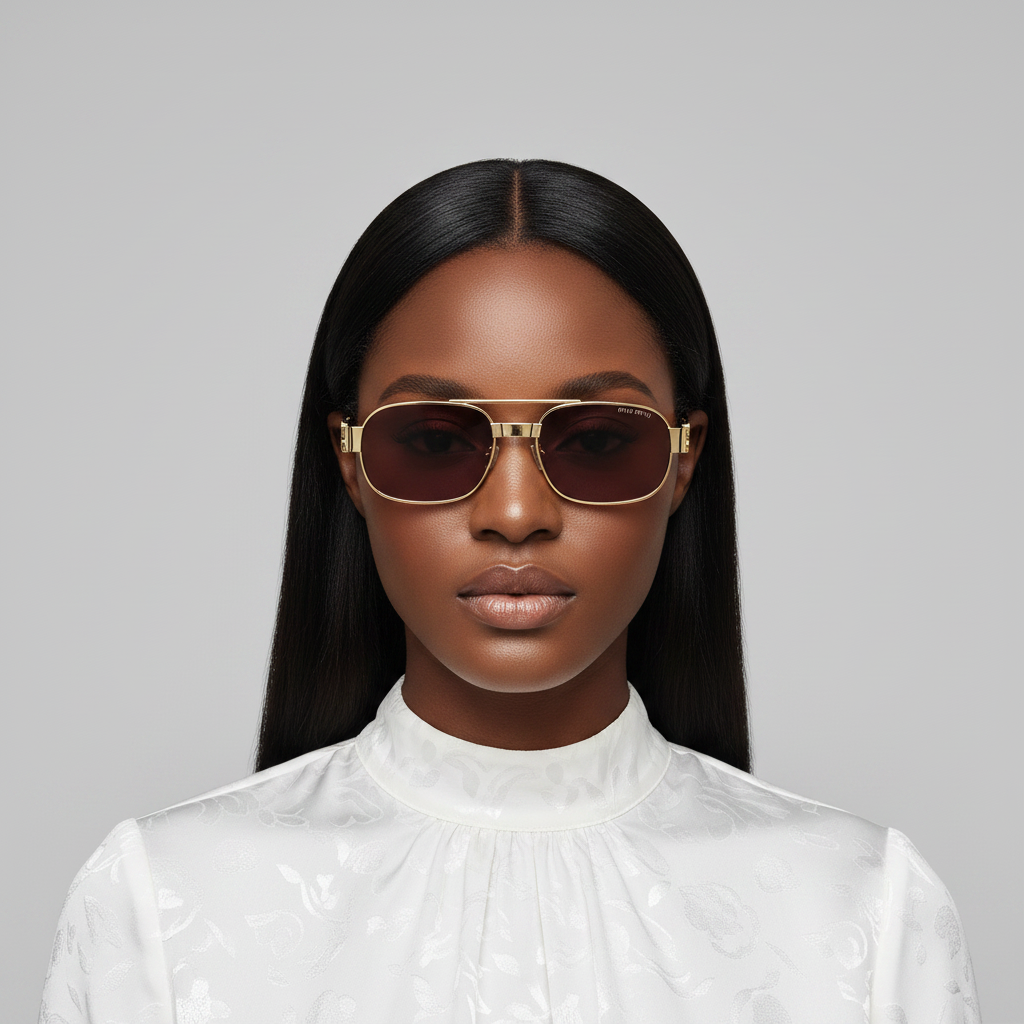 Nigerian female model with sleek weavon wearing rectangular gold double bridge navigator sunglasses with pink lens – editorial medium shot professional grey background