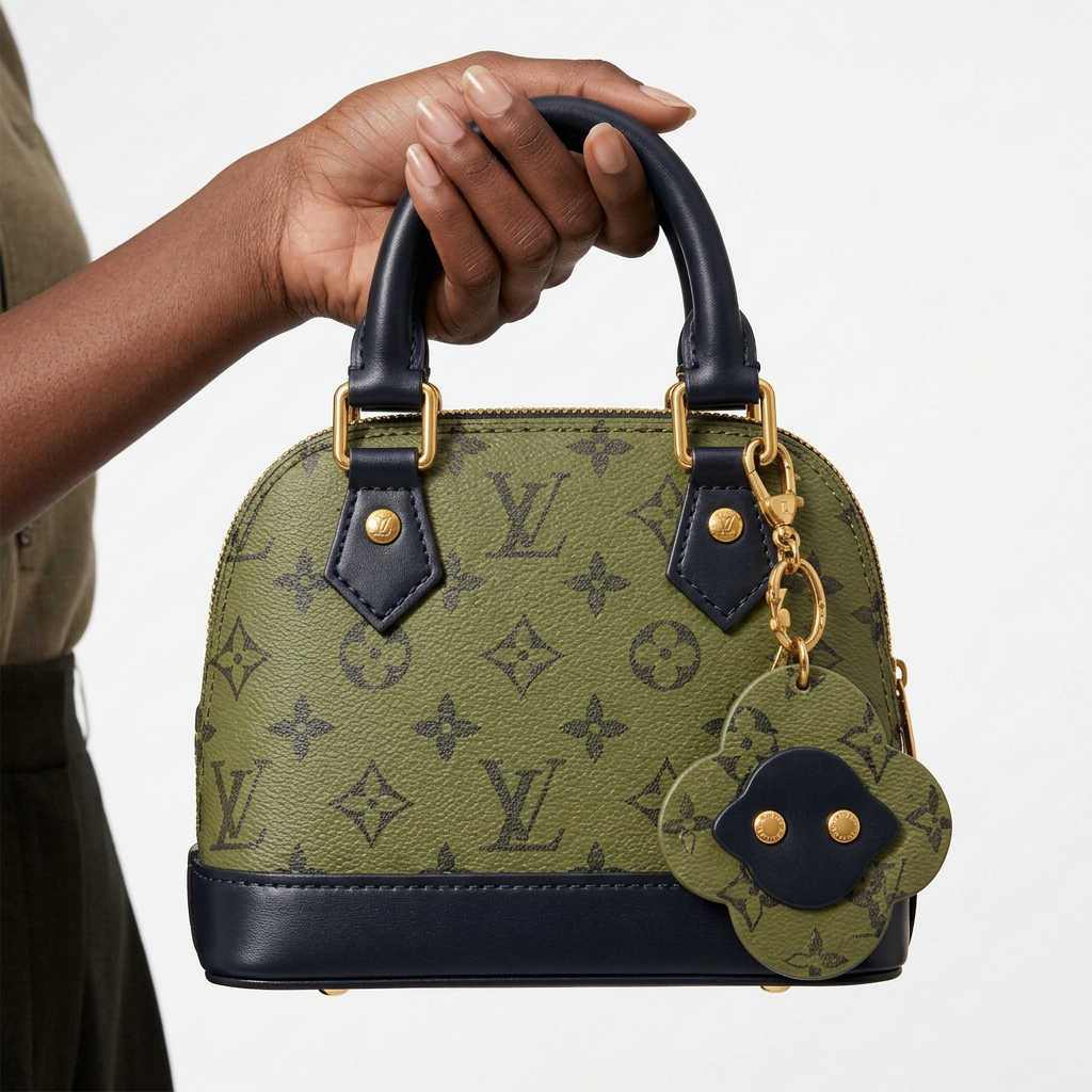 AI-generated hand-focused view of an olive green patterned dome handbag with flower pouch