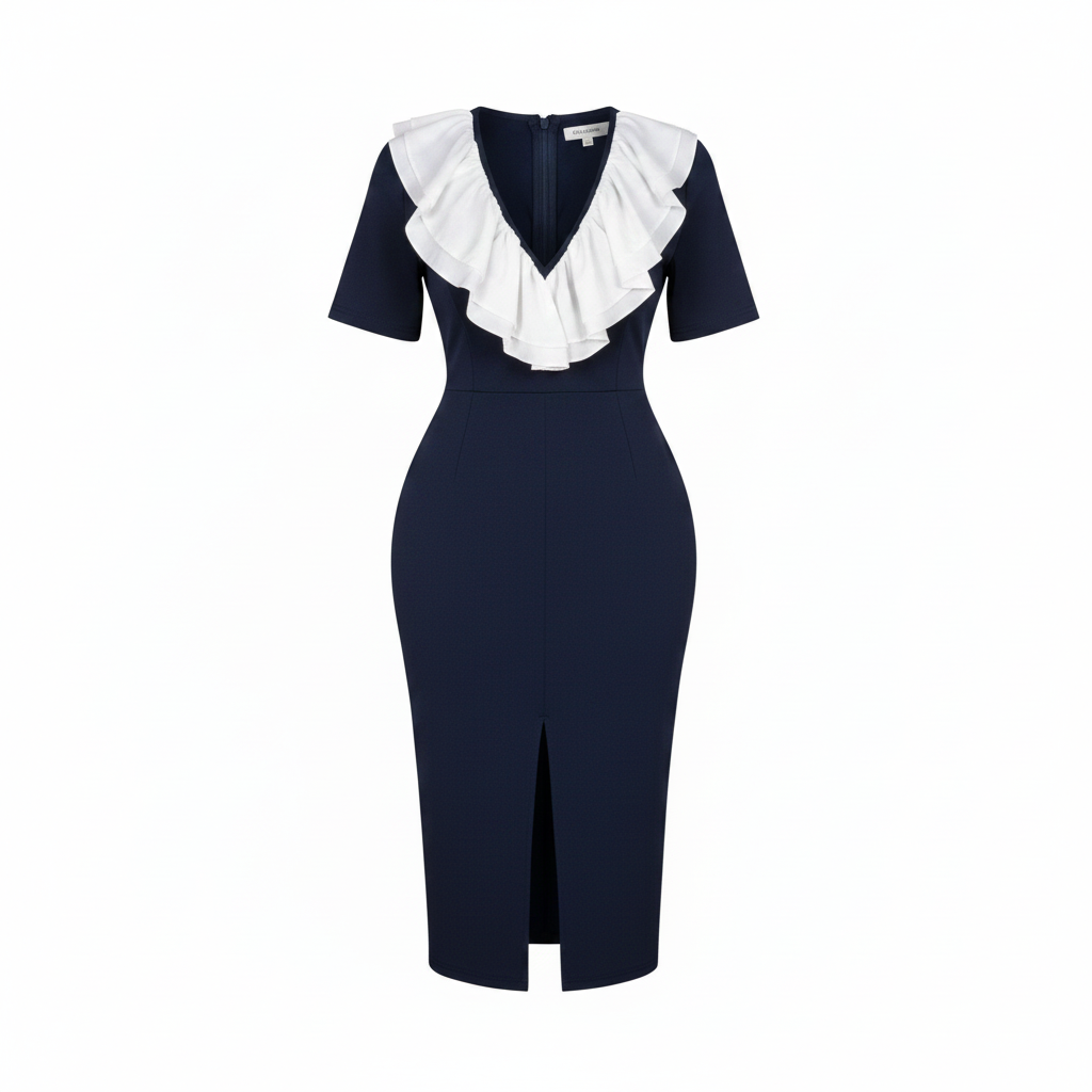 Women's navy blue ruffle neck bodycon midi dress – ghost mannequin view