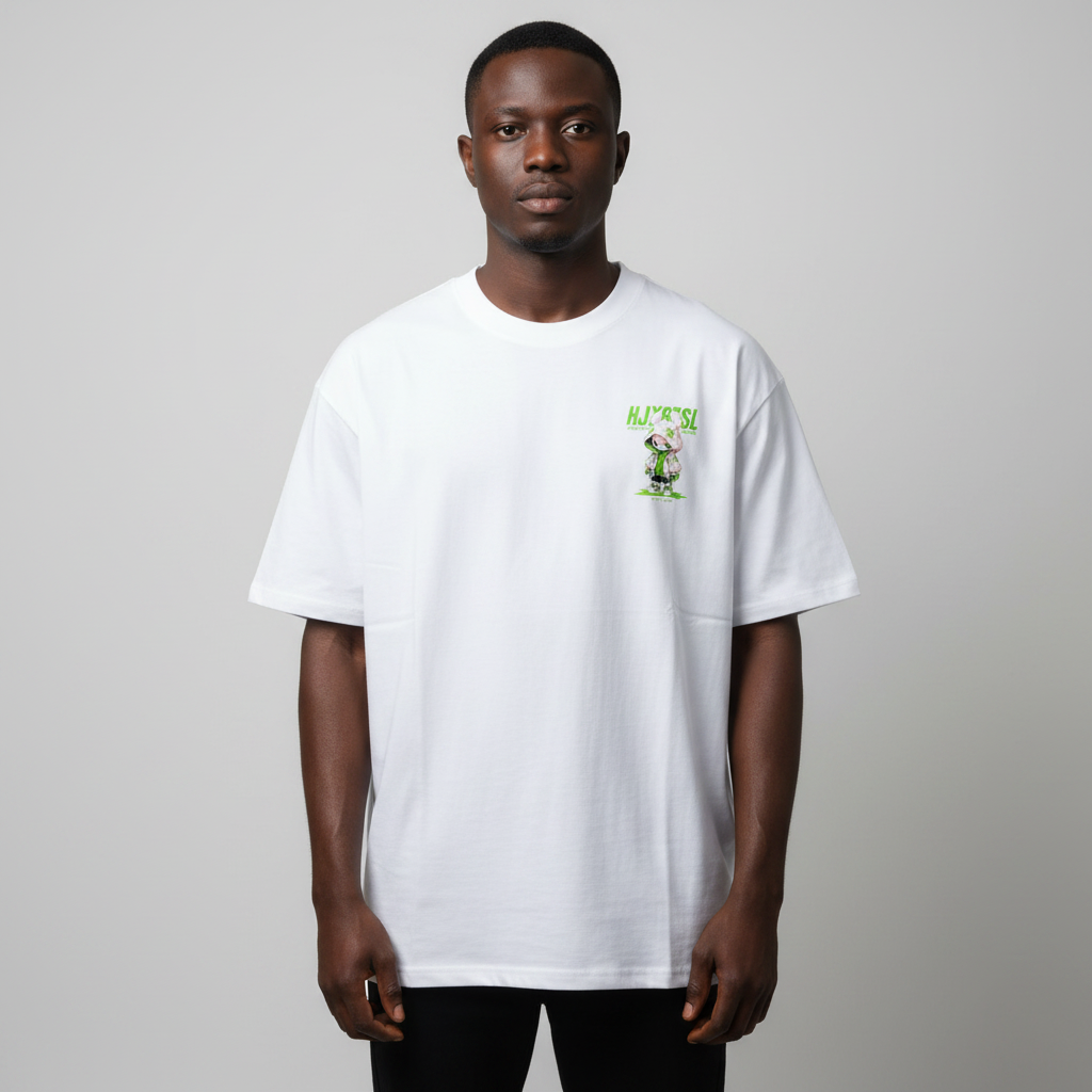 Model wearing white green cartoon graphic tee