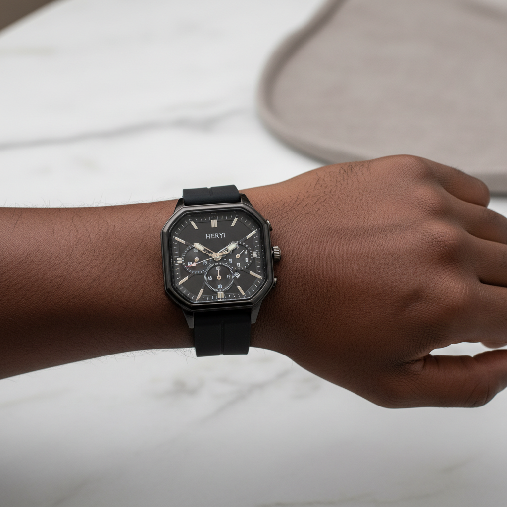 Black multi-dial square watch worn on a wrist