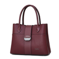 Burgundy twin-handle handbag with central strap and silver-tone oval clasp on white