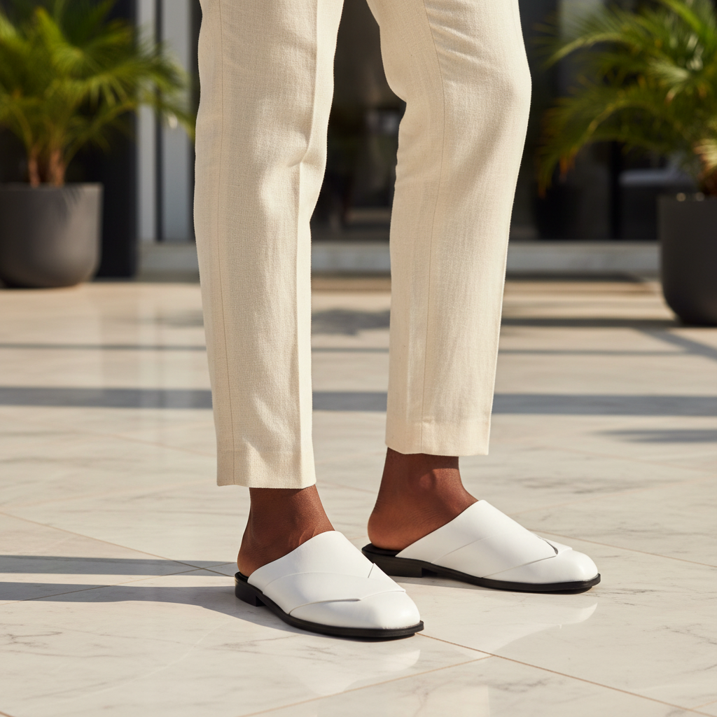 Nigerian male model wearing white leather cross-strap mule slippers, tight zoomed-in luxury leg focus lifestyle shot