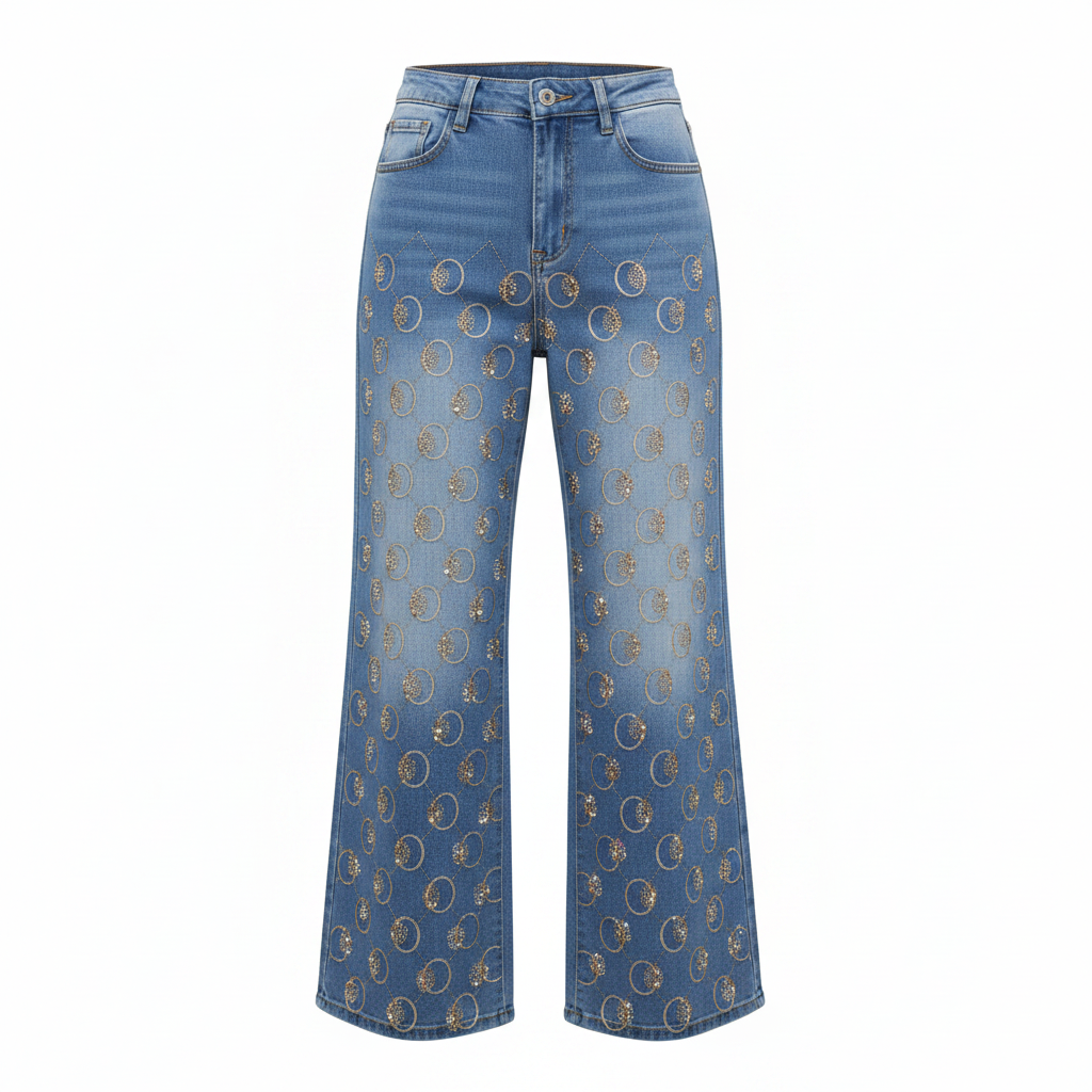 Women's multicolour rhinestone oval wide-leg light blue jeans – ghost mannequin front view