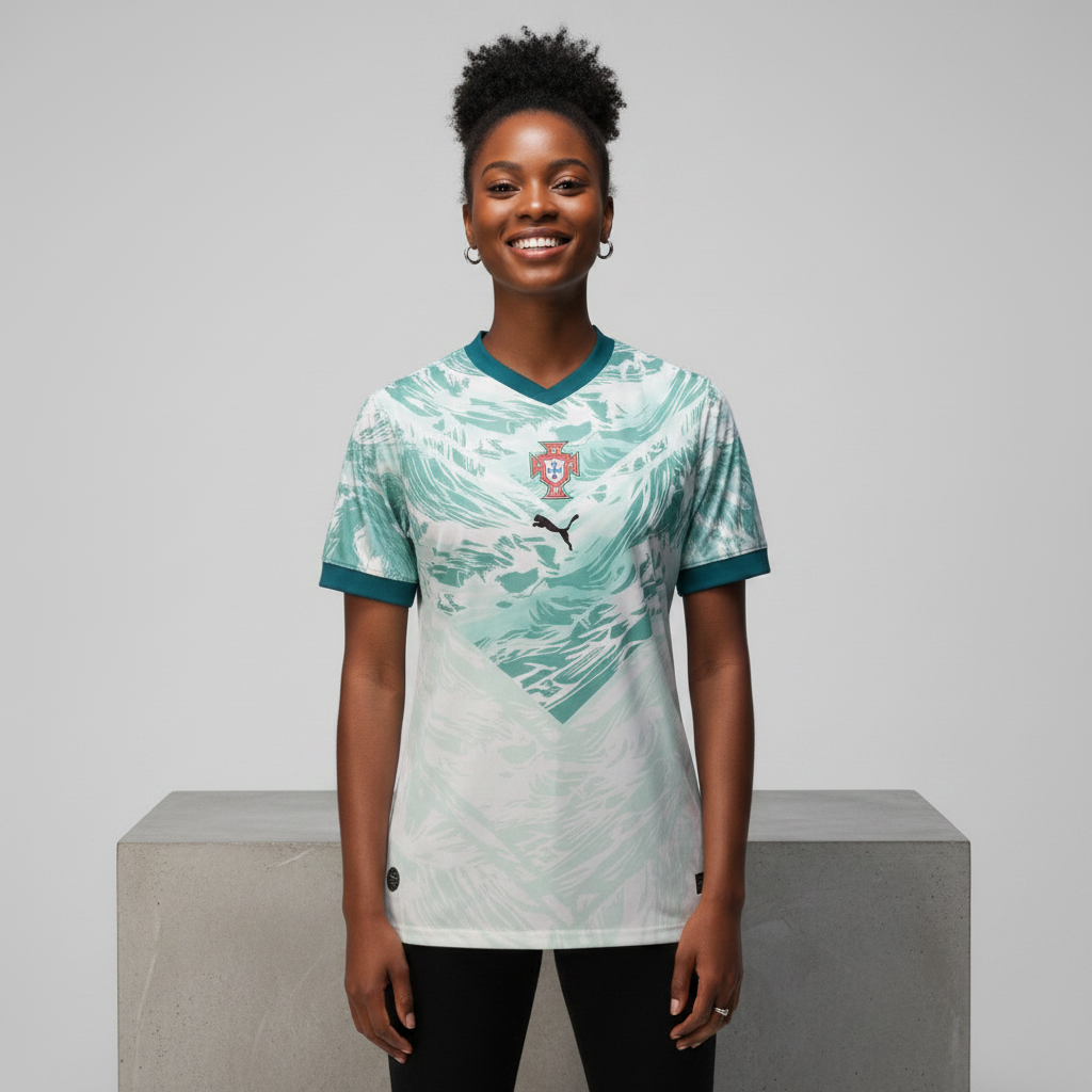 Nigerian female model wearing mint Portugal FPF away football jersey on concrete plinth