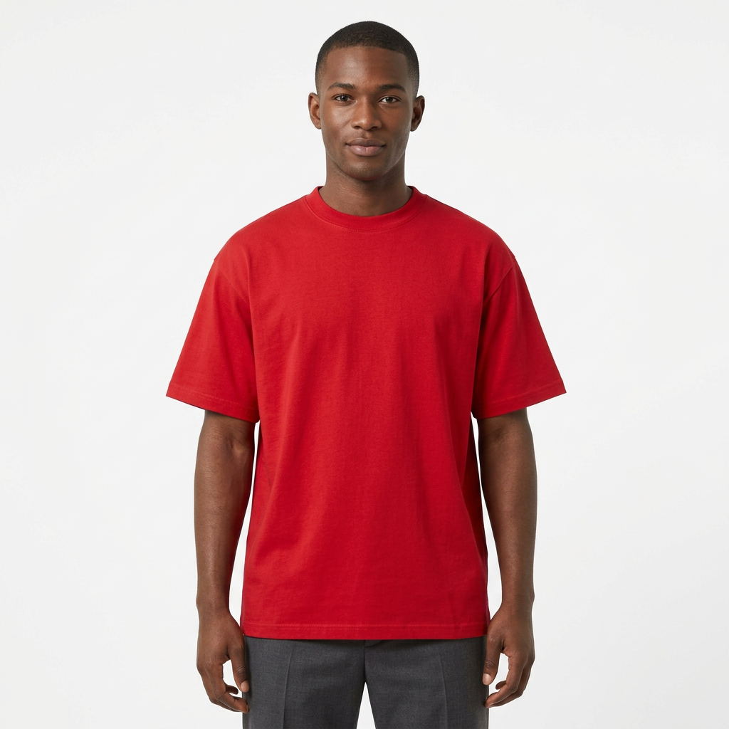 Nigerian male model wearing a red plain crew-neck short-sleeve T-shirt on white