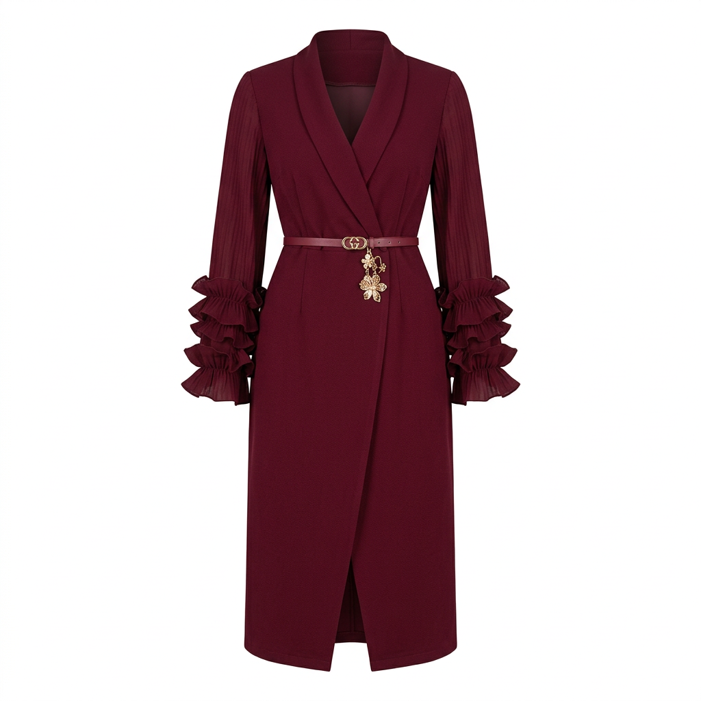 Burgundy belted ruffle-cuff wrap-style midi dress, ghost-mannequin view