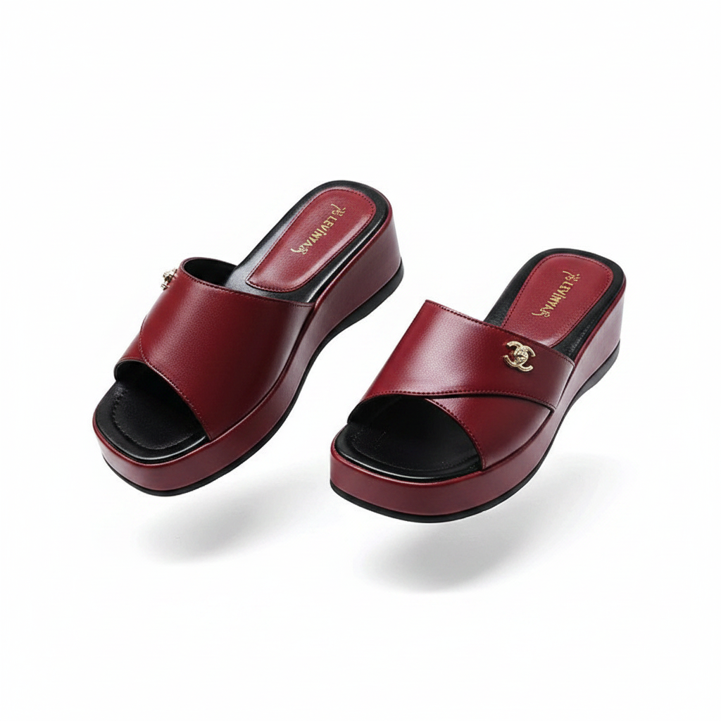 Women's Cross-Strap Platform Wedge Slide - Wine Ghost Mannequin