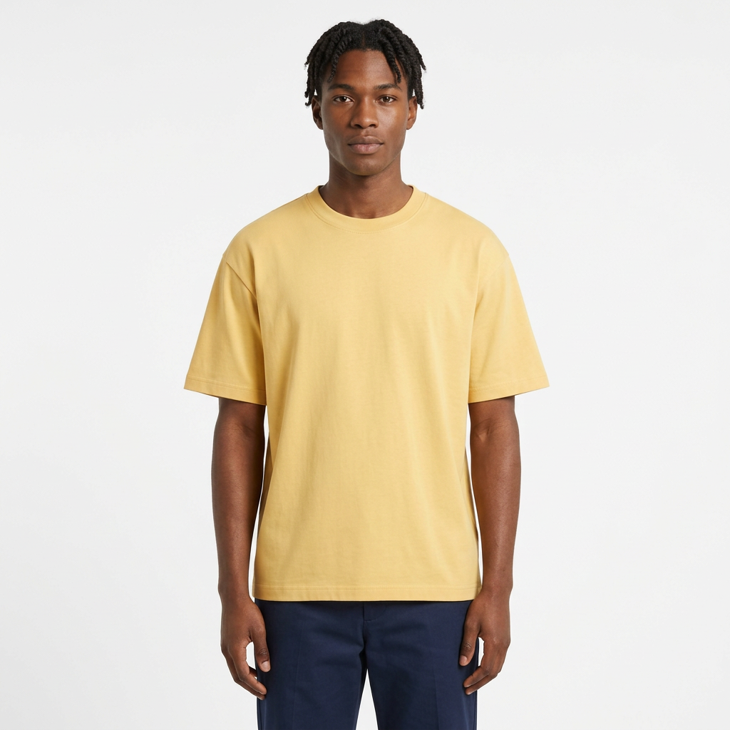 Black male model wearing a plain golden yellow crew-neck T-shirt