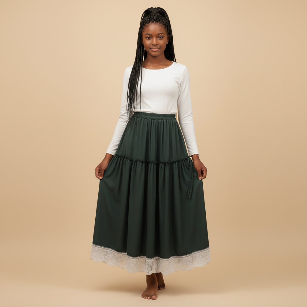 Nigerian girl wearing dark green lace hem tiered midi skirt - front view