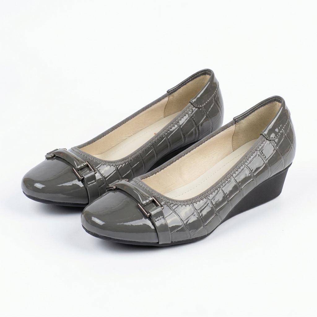 Matching grey croc-embossed buckle-strap wedge shoes