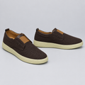 Men's dark brown knit slip-on sneakers, front and side view