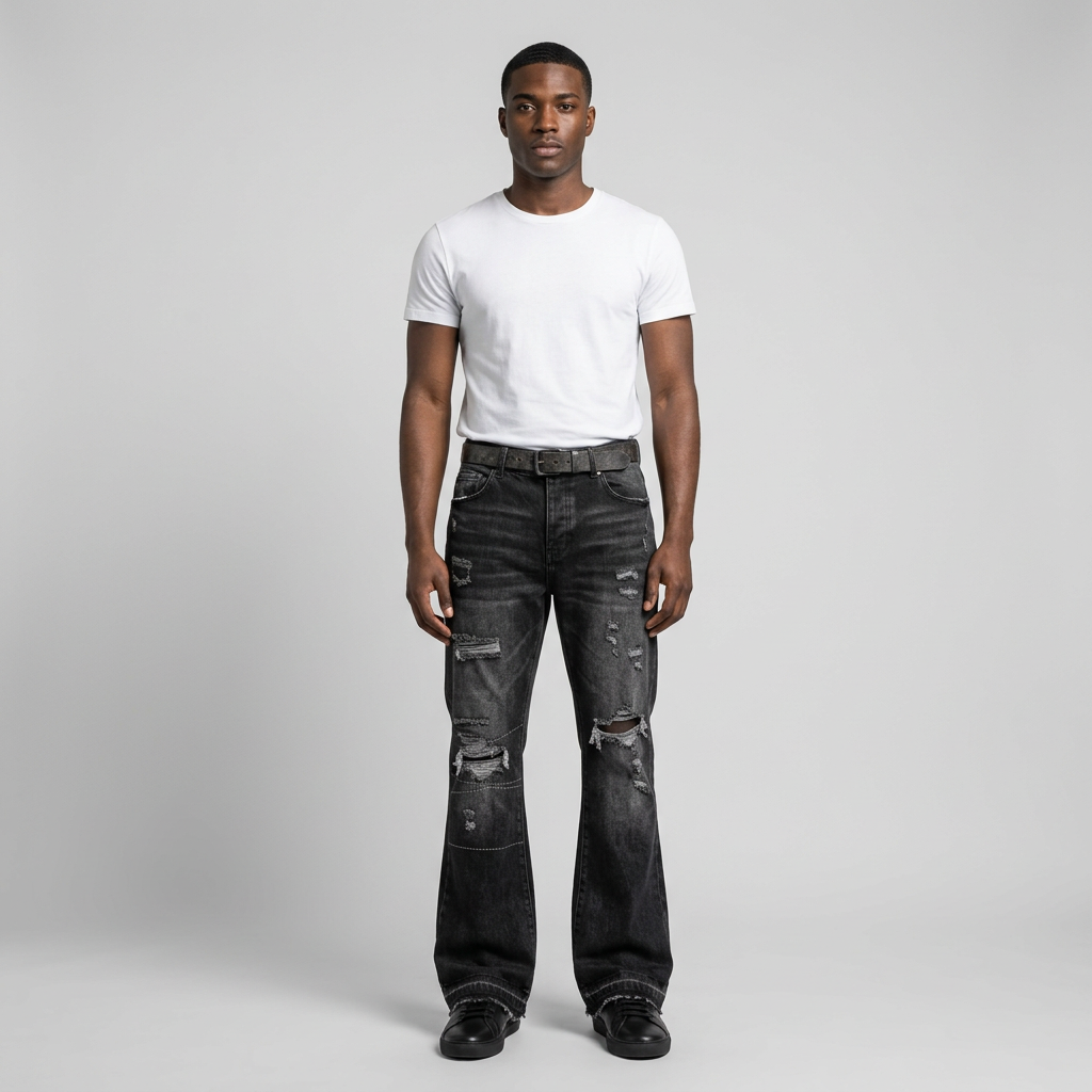 Young Nigerian man wearing washed-black distressed flared jeans in light grey studio