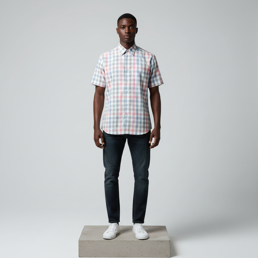 Nigerian male model wearing multicolour plaid short-sleeved shirt