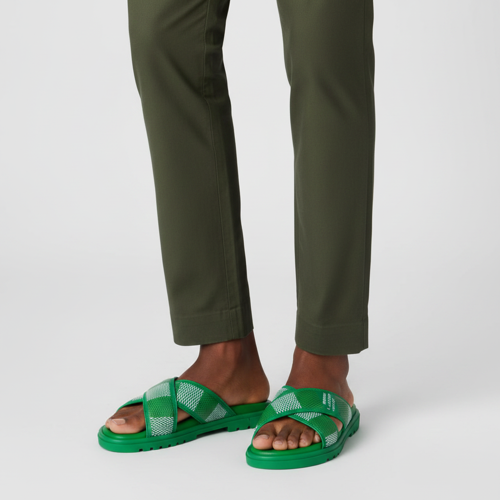 Close-up leg focus of men's green embossed cross-strap slide sandals with olive trouser hem