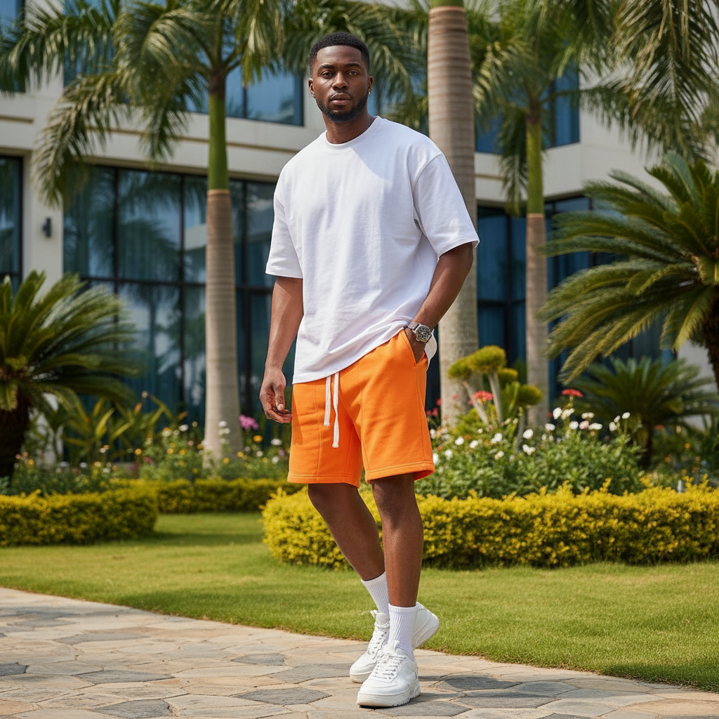 Nigerian male model wearing orange plain fleece drawstring shorts in upscale outdoor setting