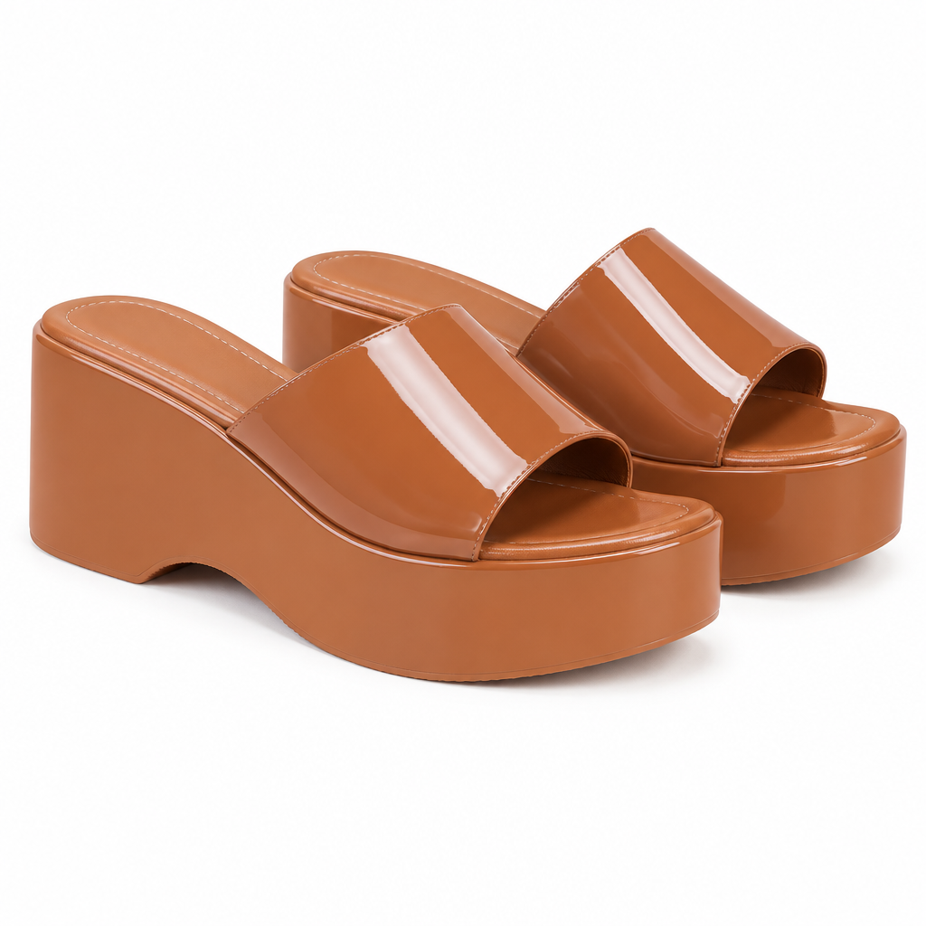 Patent Platform Wedge Slide Mule – Brown