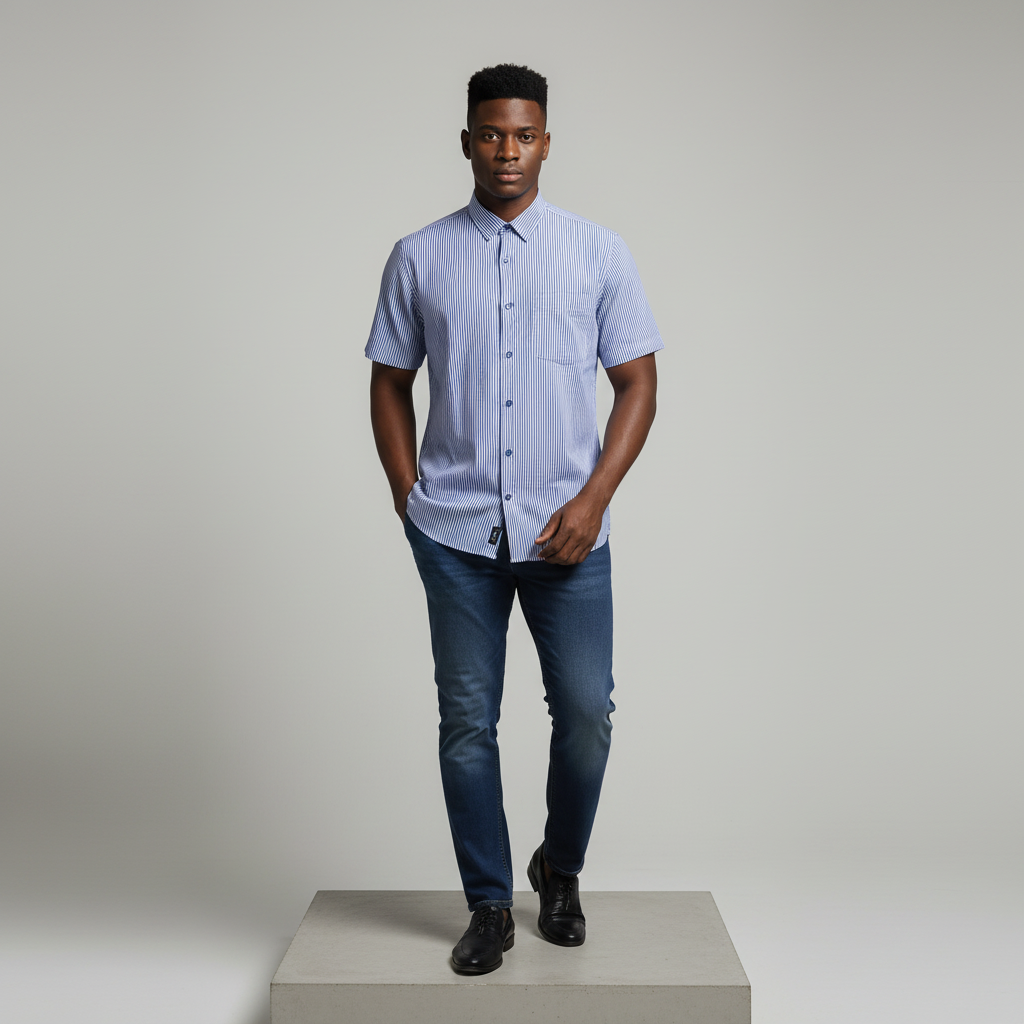 Nigerian male model wearing blue and white striped short-sleeved shirt