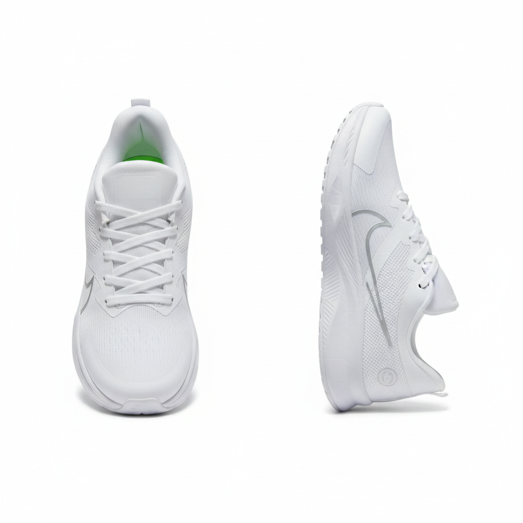 Men's all-white lightweight mesh running sneakers ghost mannequin front and side view