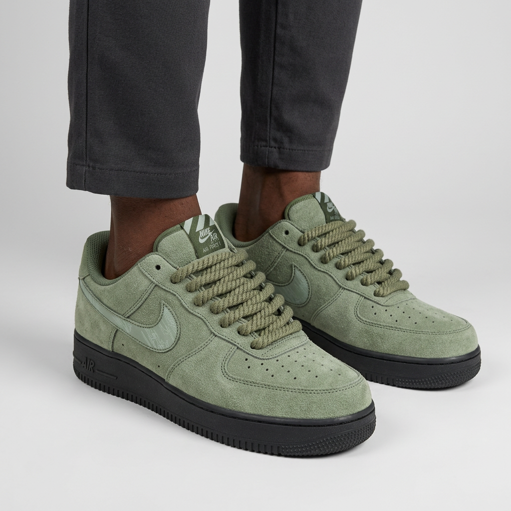 Male model wearing sage suede rope-lace sneakers with both shoes fully visible