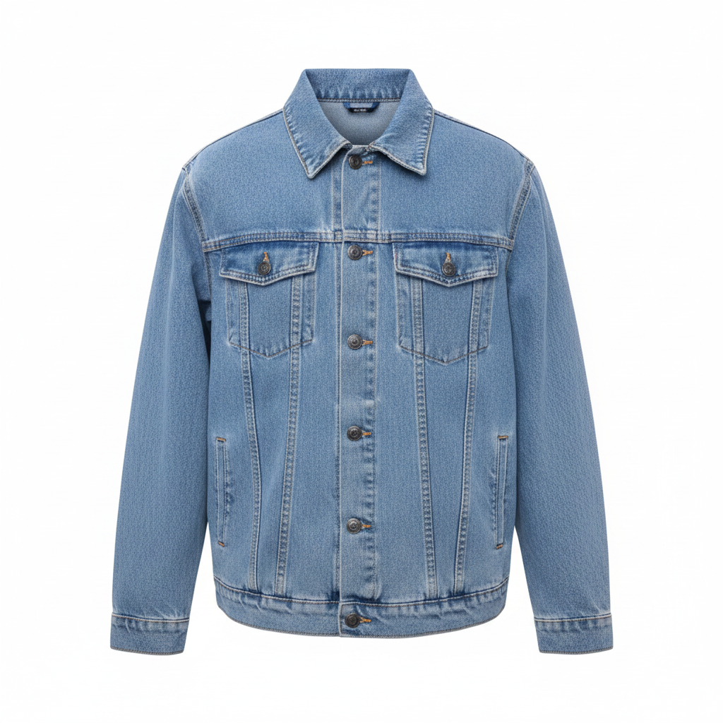 Men's ice blue oversized denim trucker jacket ghost mannequin front view