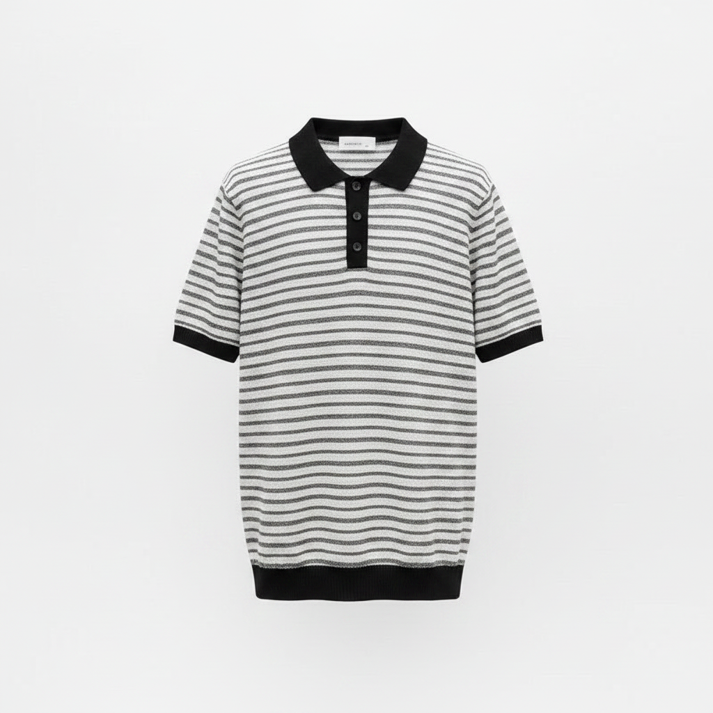 Black collar striped knit polo front view
